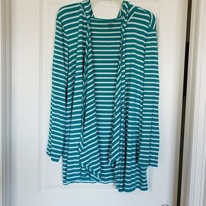 Indigo striped open front hooded cardigan